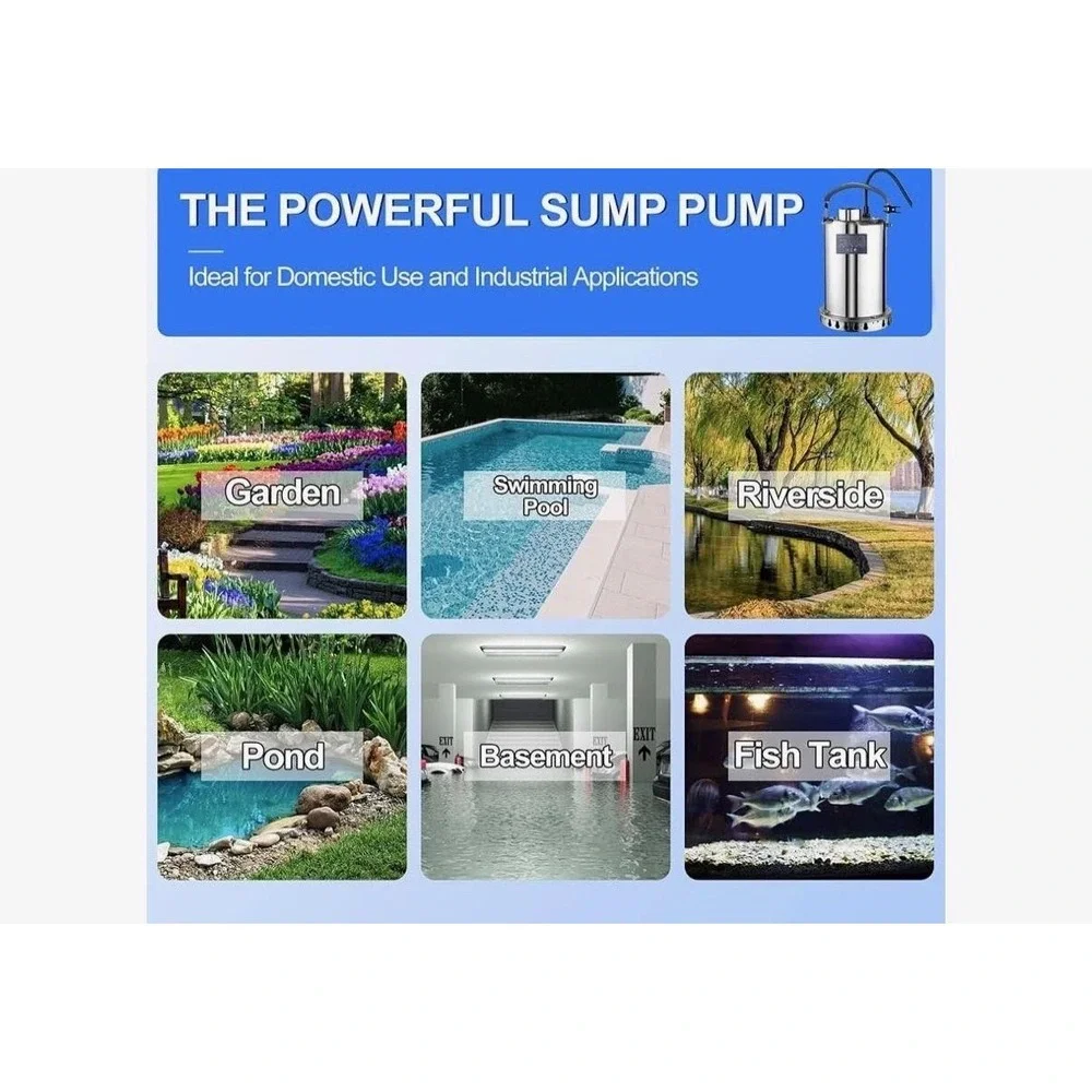 Stainless Steel Submersible Sump Pump 750W 120V IPX8 16FT Cord Hose Fittings
